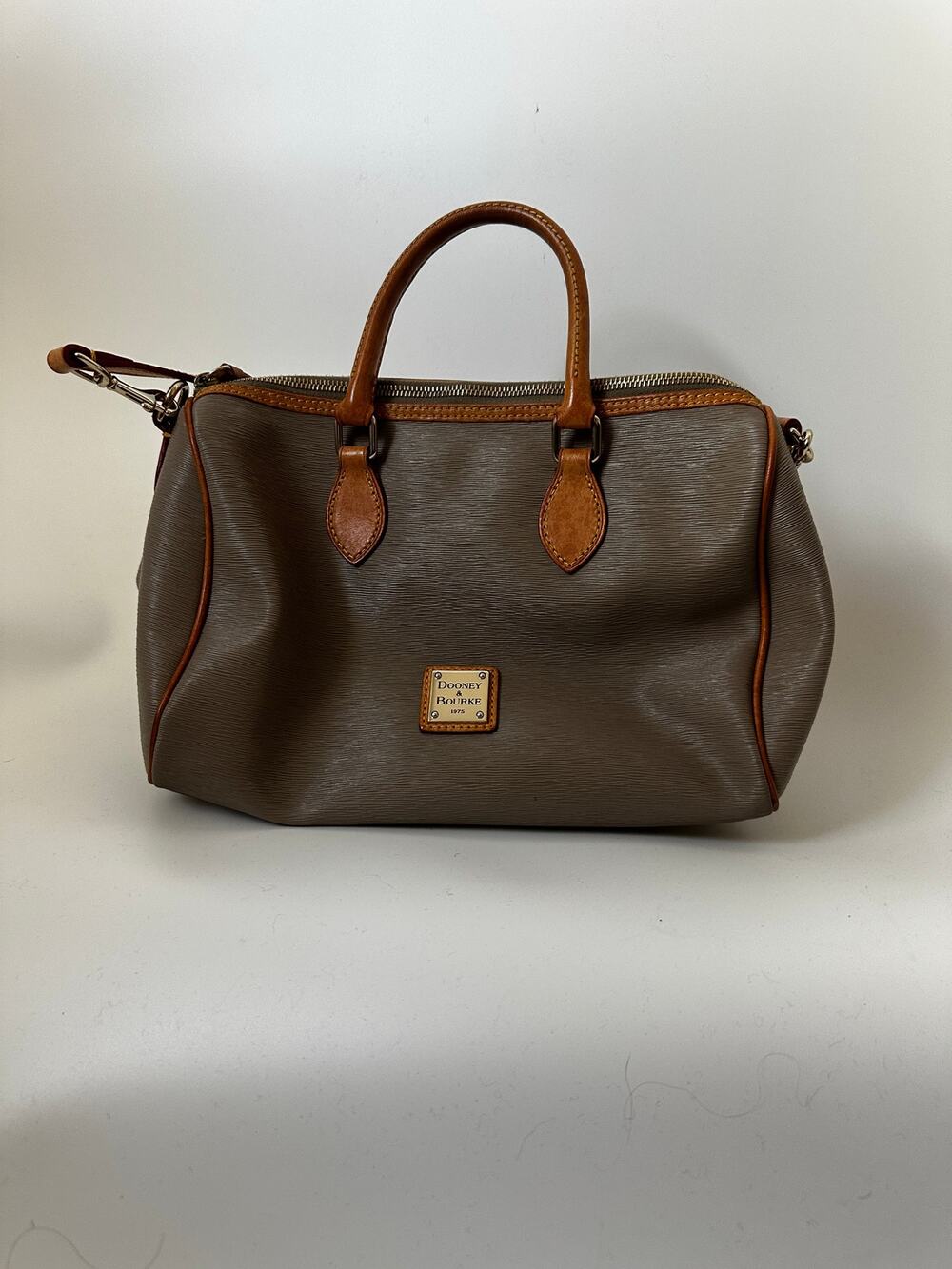 Dooney & Bourke Taupe Gray Satchel Bag Tan Leather Trim Crossbody Strap